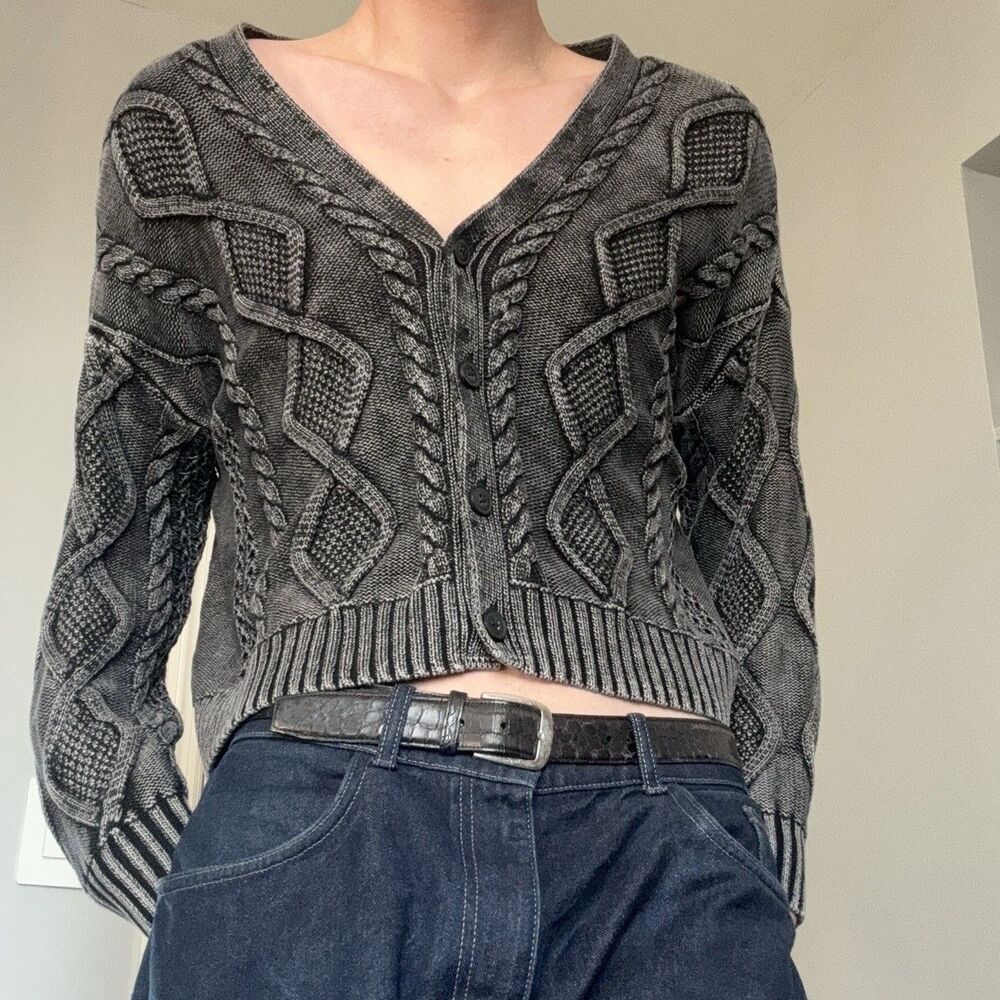 Vintage Lucky Brand Distressed Gray/Black Cable Knit Cardigan 100% Cotton Button